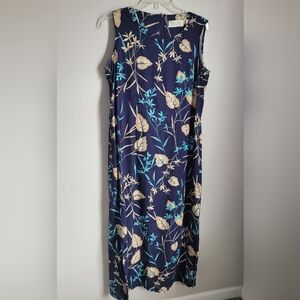 liz claiborne VTG Womens Size 14tropical Dress Midi Blue Vacation Linen